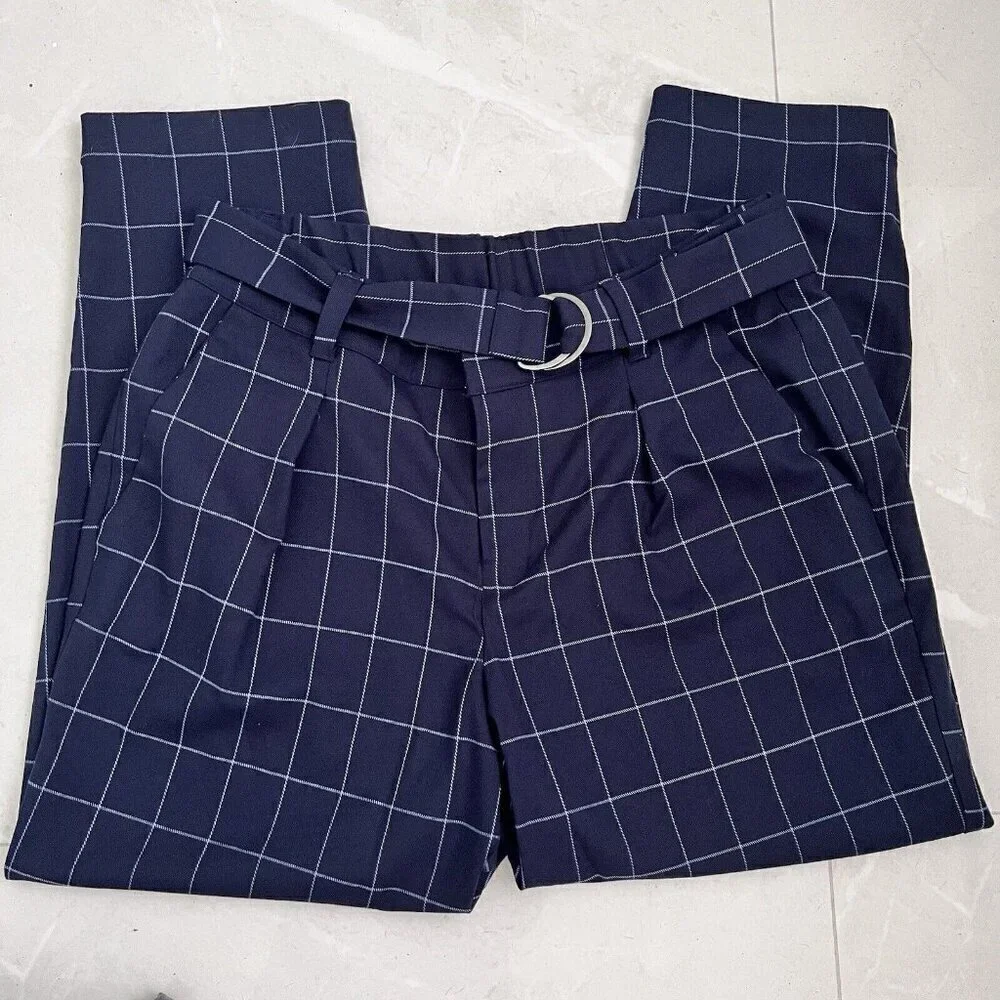 A New Day plaid Tapered Ankle Pants High Rise Size 14 Navy Blue Belted NEW